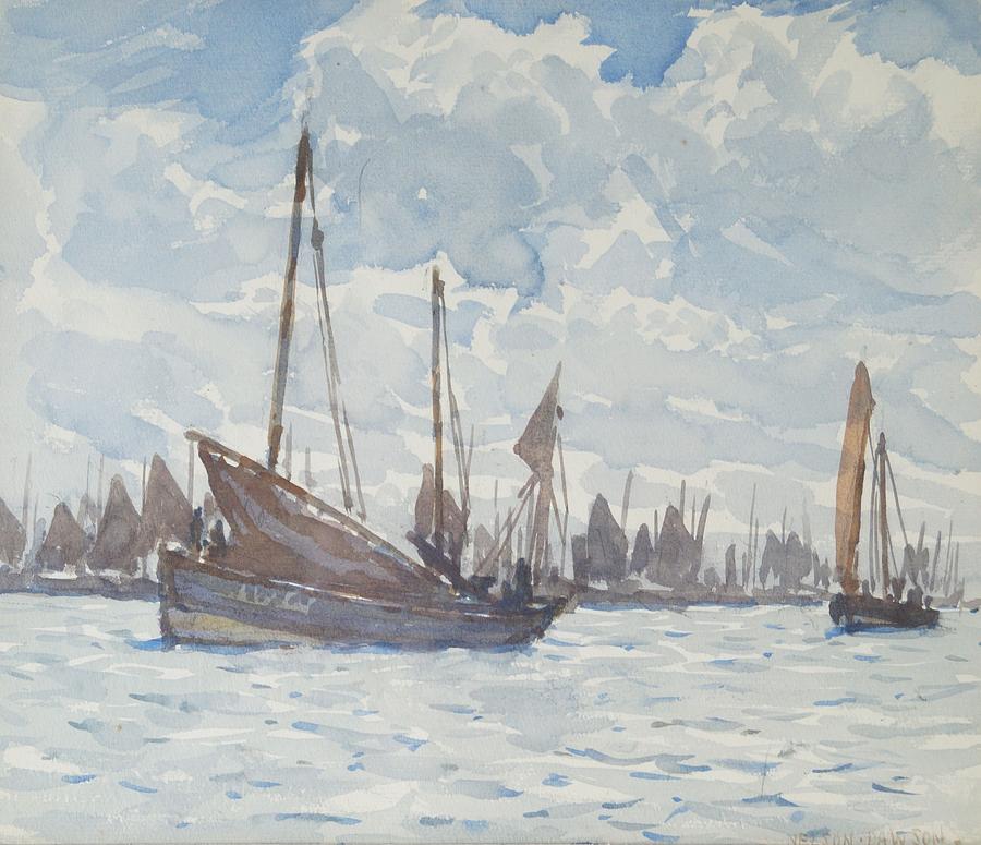 Nelson Dawson Rba Re 1859-1941 - Scotch Herring Boats Off Scarborough Painting by Celestial Images