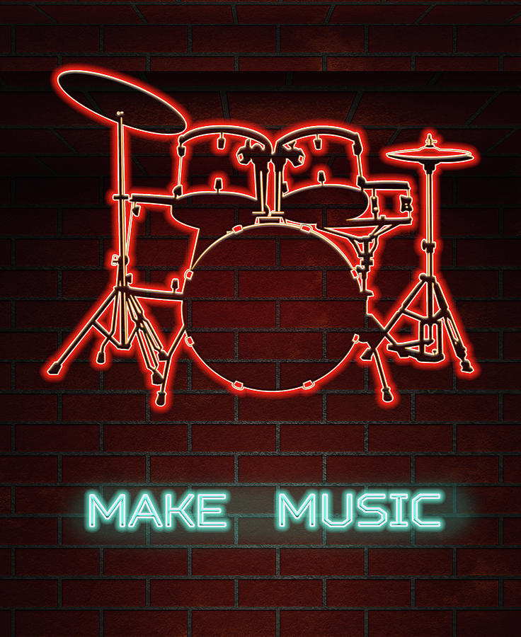 Music Painting - Neon Drum Set TEXT MAKE MUSIC by Elaine Plesser