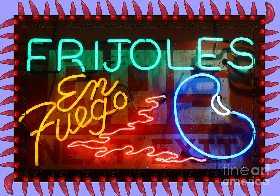 Sign Photograph - Neon Frijoles and Peppers and Gas by Barbie Corbett-Newmin
