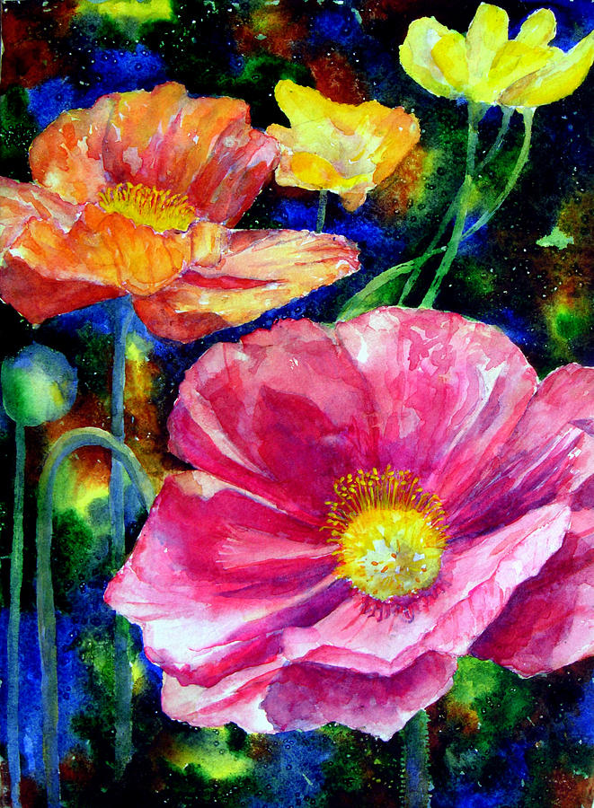 Spring Painting - Neon poppies by Mary Giacomini