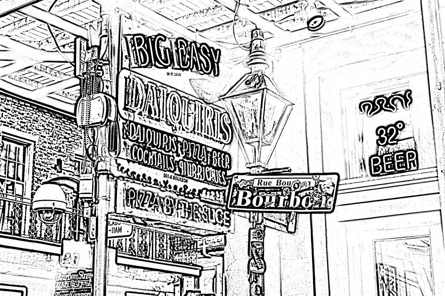 Neon Sign on Bourbon Street Corner French Quarter New Orleans Black and White Photocopy Digital Art Digital Art by Shawn OBrien