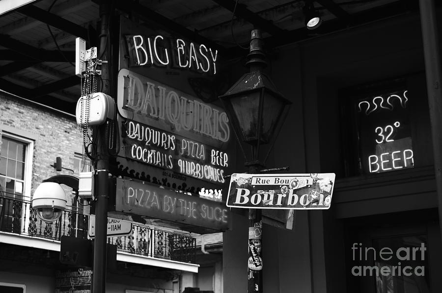 Neon Sign on Bourbon Street Corner French Quarter New Orleans Black and White Photograph by Shawn OBrien