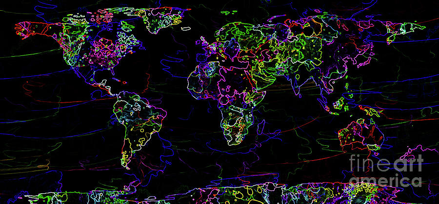 Neon World Map Digital Art by Zaira Dzhaubaeva