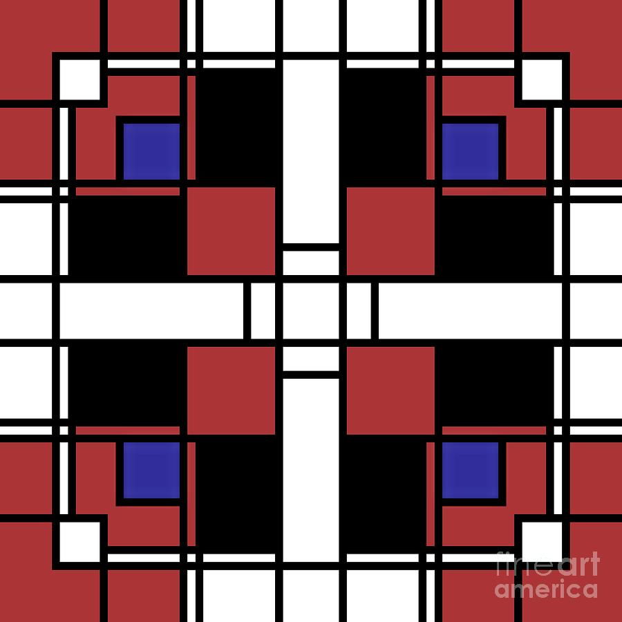 Abstract Digital Art - Neoplasticism symmetrical pattern in well read red by Heidi De Leeuw