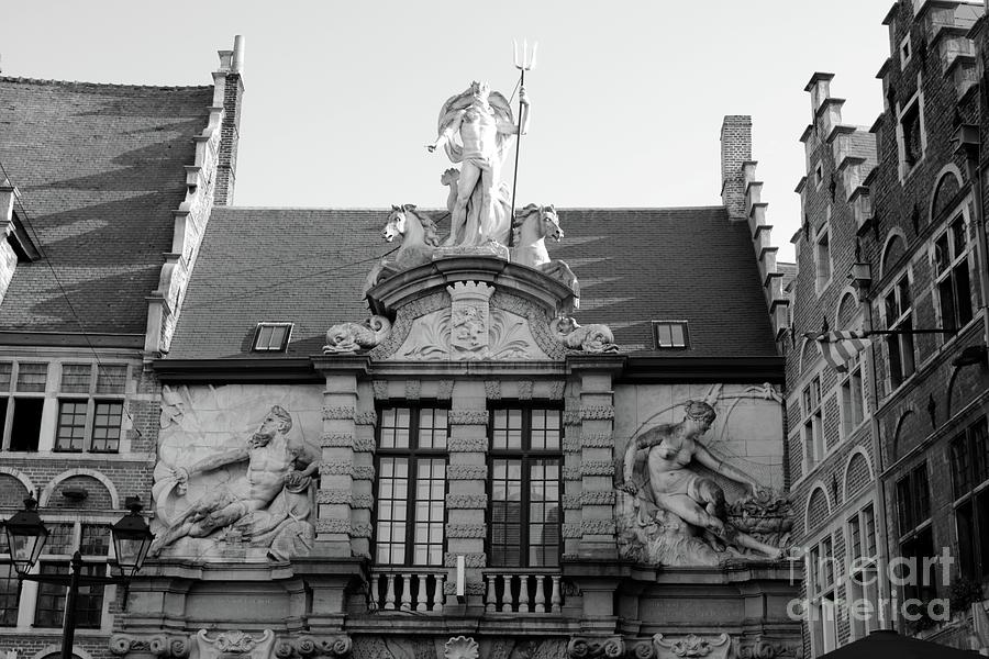 Neptune at Old Fish Market in Ghent - Black and White Photograph by Carol Groenen