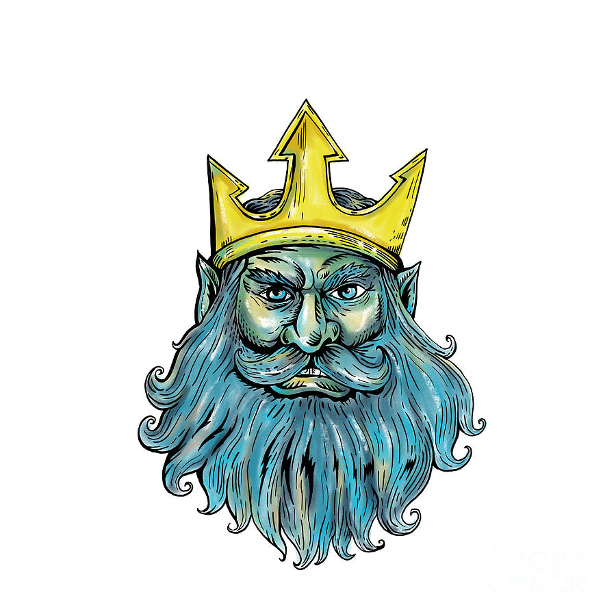 Neptune Trident Crown Head Woodcut Digital Art by Aloysius Patrimonio ...