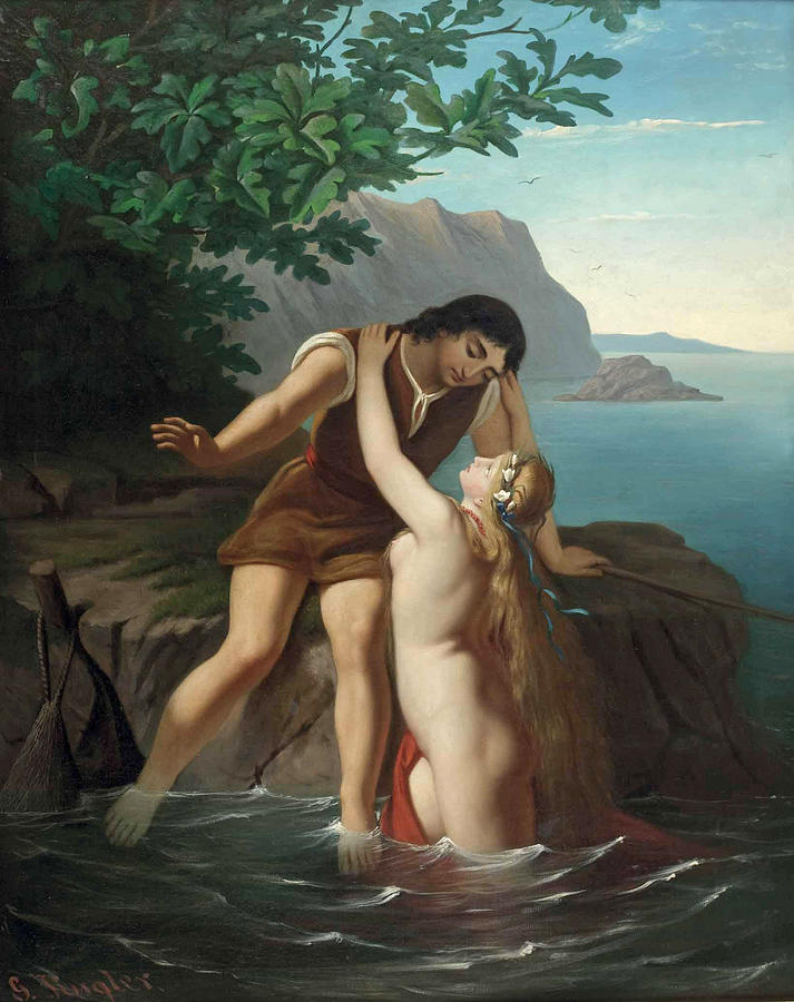 Nereid And A Young Man In A Seascape Painting by Georg Kugler