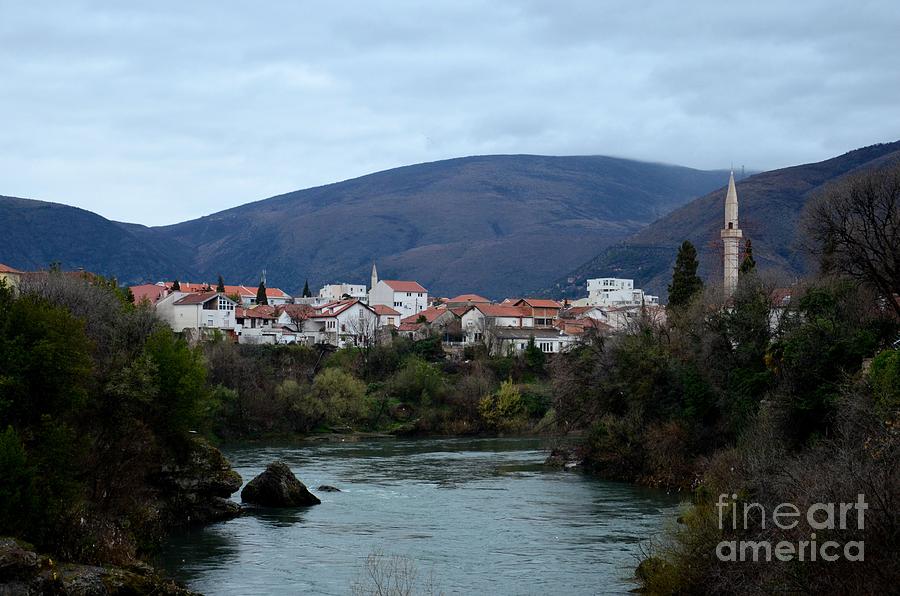 Neretva River and Mostar city and hills with mosque minaret Bosnia Herzegovina Photograph by Imran Ahmed