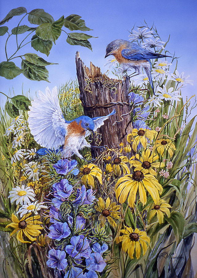 Spring Painting - Nesting Bluebirds by RoseMarie Condon