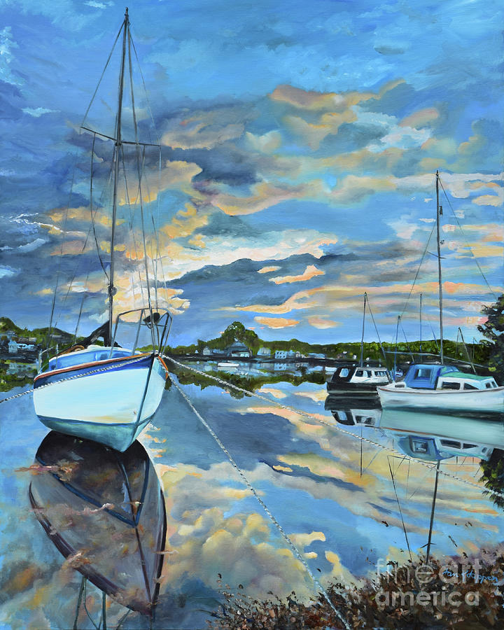 Nestled in for the Night at Mylor Bridge - Cornwall UK - Sailboat  Painting by Jan Dappen