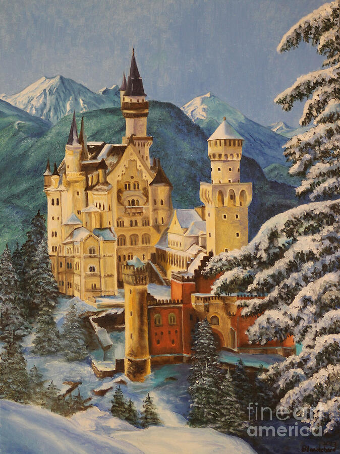 Bavarian Alps Painting - Neuschwanstein Castle in Winter by Charlotte Blanchard