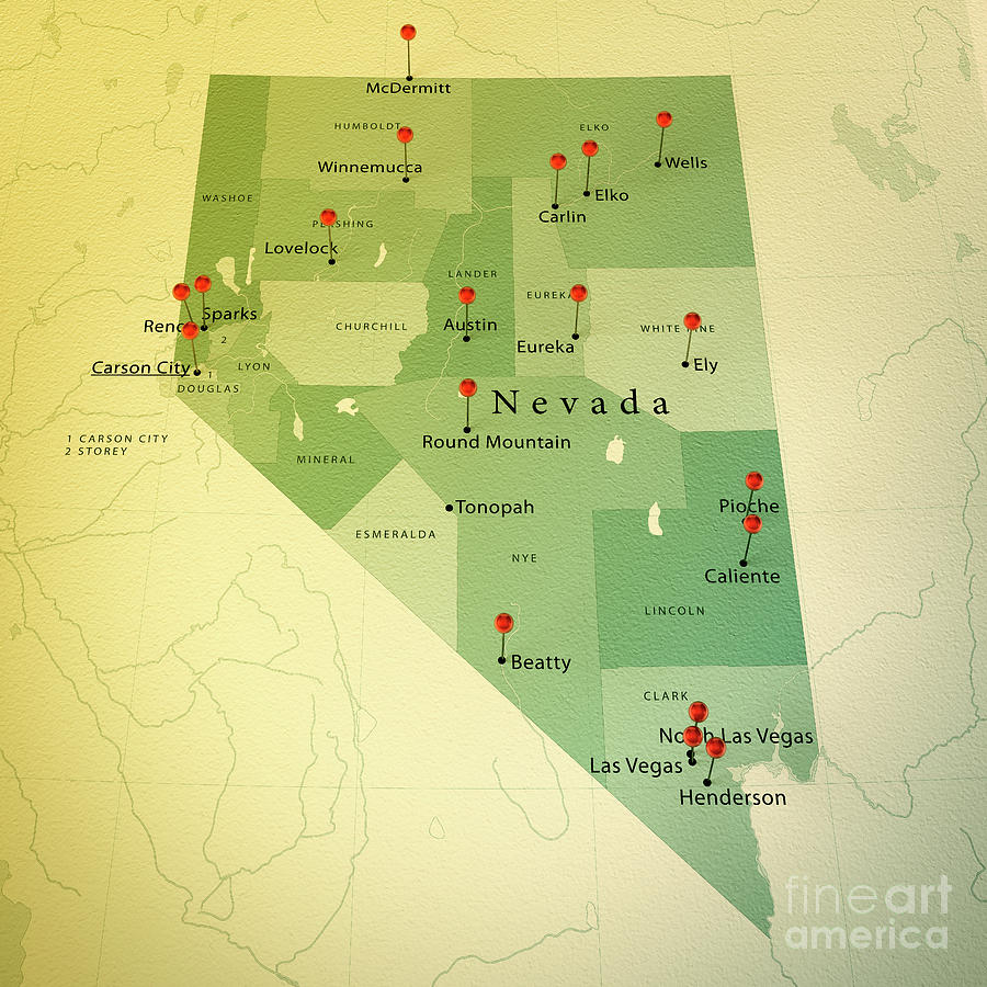 Nevada Map Square Cities Straight Pin Vintage Digital Art by Frank Ramspott