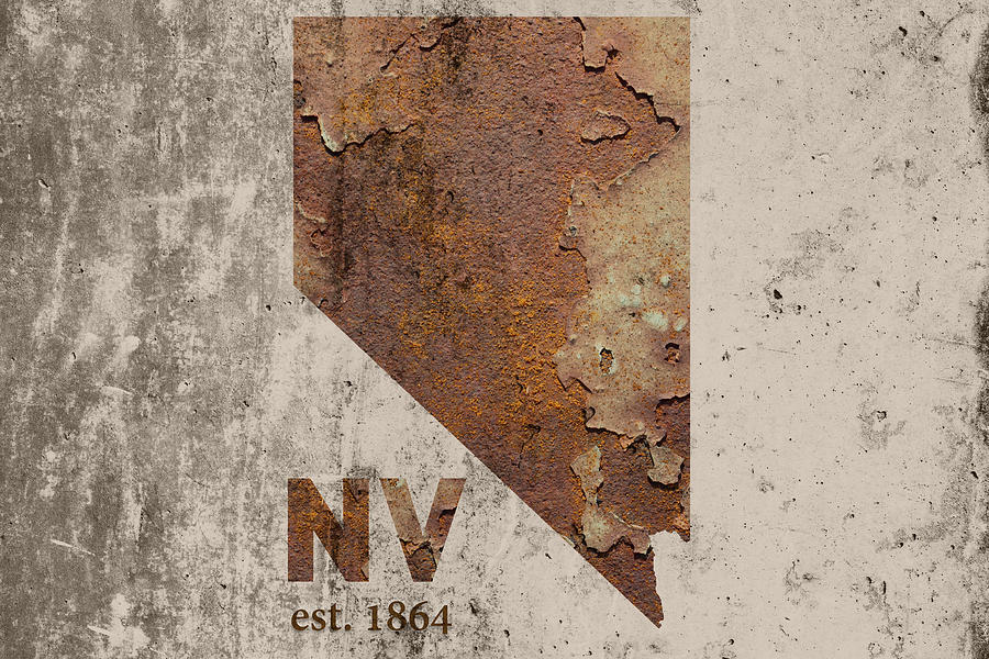 Las Vegas Mixed Media - Nevada State Map Industrial Rusted Metal on Cement Wall with Founding Date Series 044 by Design Turnpike
