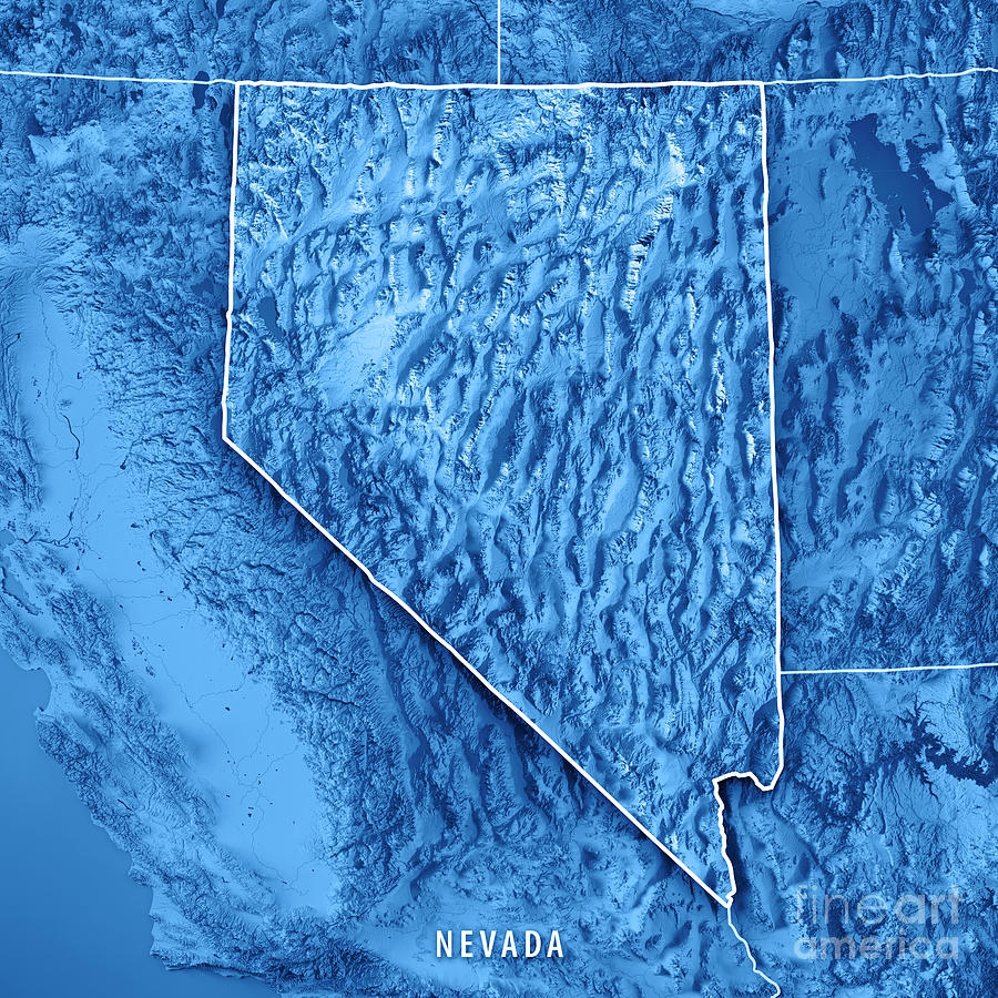 Map Digital Art - Nevada State USA 3D Render Topographic Map Blue Border by Frank Ramspott
