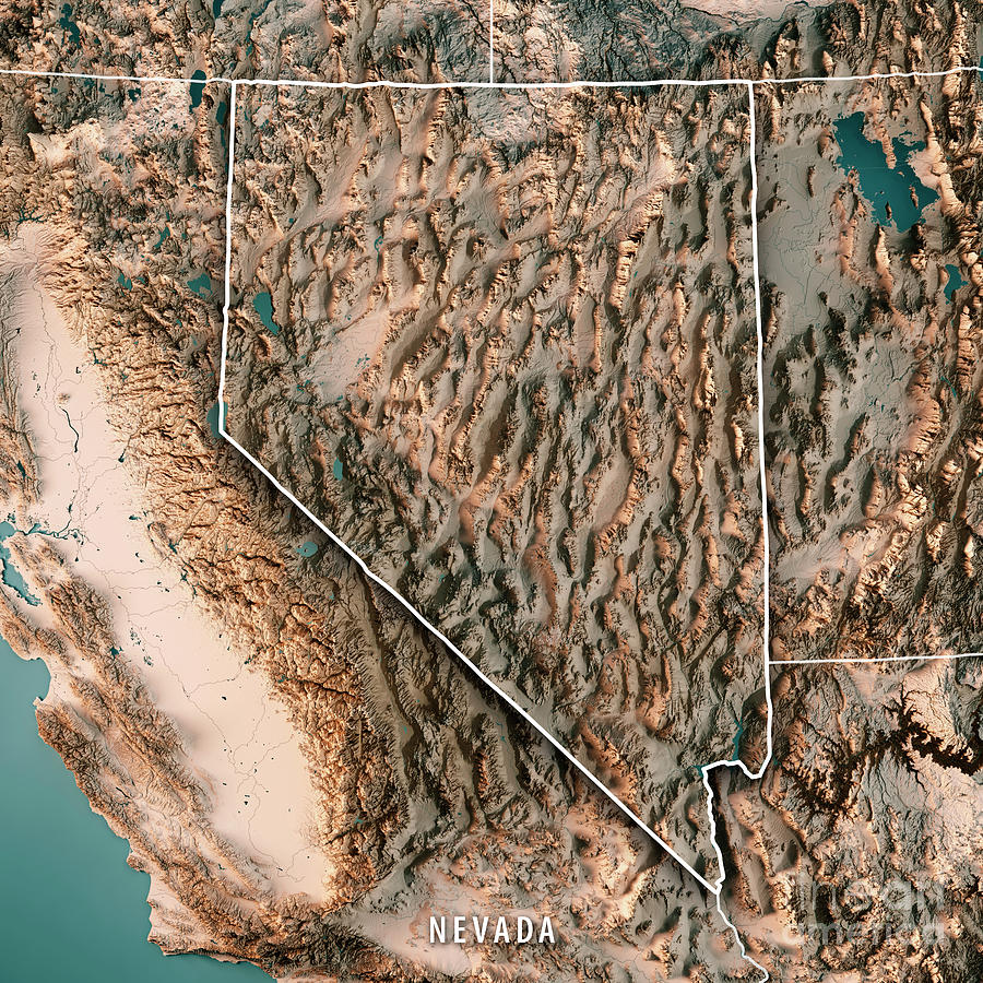 Map Digital Art - Nevada State USA 3D Render Topographic Map Neutral Border by Frank Ramspott