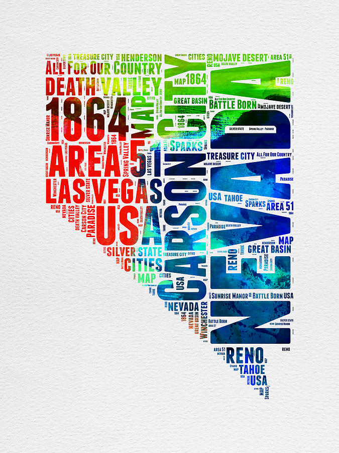 Nevada Map Digital Art - Nevada Watercolor Word Cloud  by Naxart Studio