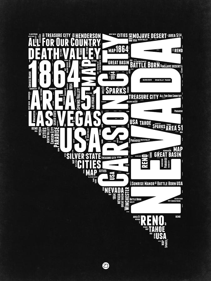 Independence Day Digital Art - Nevada Word Cloud Black and White Map by Naxart Studio