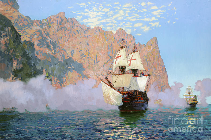 New Albion Painting - New Albion. Sir Francis Drakes ship by Simon Kozhin