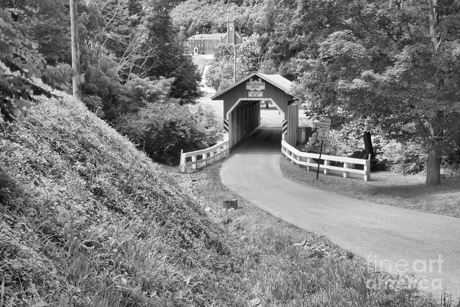 New Baltimore Covered Bridge Through The Forest Black And White Photograph by Adam Jewell
