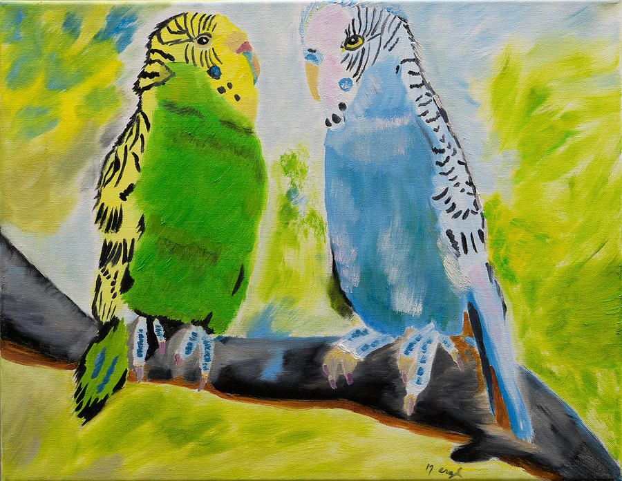 Aloha and Tweetles parakeets Painting by Meryl Goudey