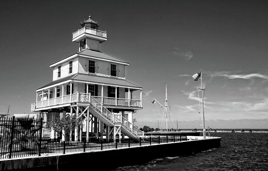 New Orleans Photograph - New Canal Lighthouse Black and White by Judy Vincent