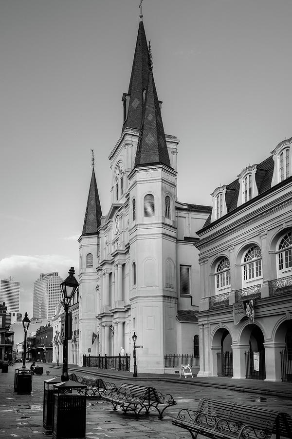 New Day At Saint Louis Cathedral In Black and White Photograph by Greg and Chrystal Mimbs