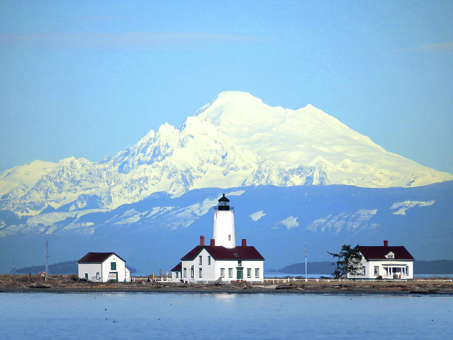 New Dungeness Lighthouse - Mount Baker Photograph by Marie Jamieson