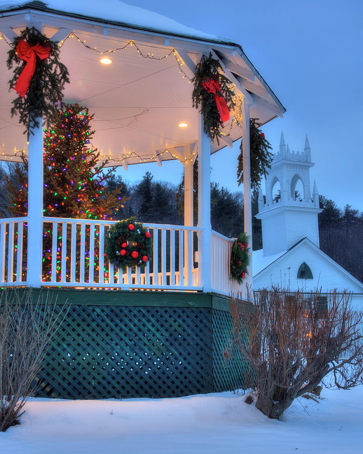 New England Gazebo and White Church in Winter - Washington NH Photograph by Joann Vitali