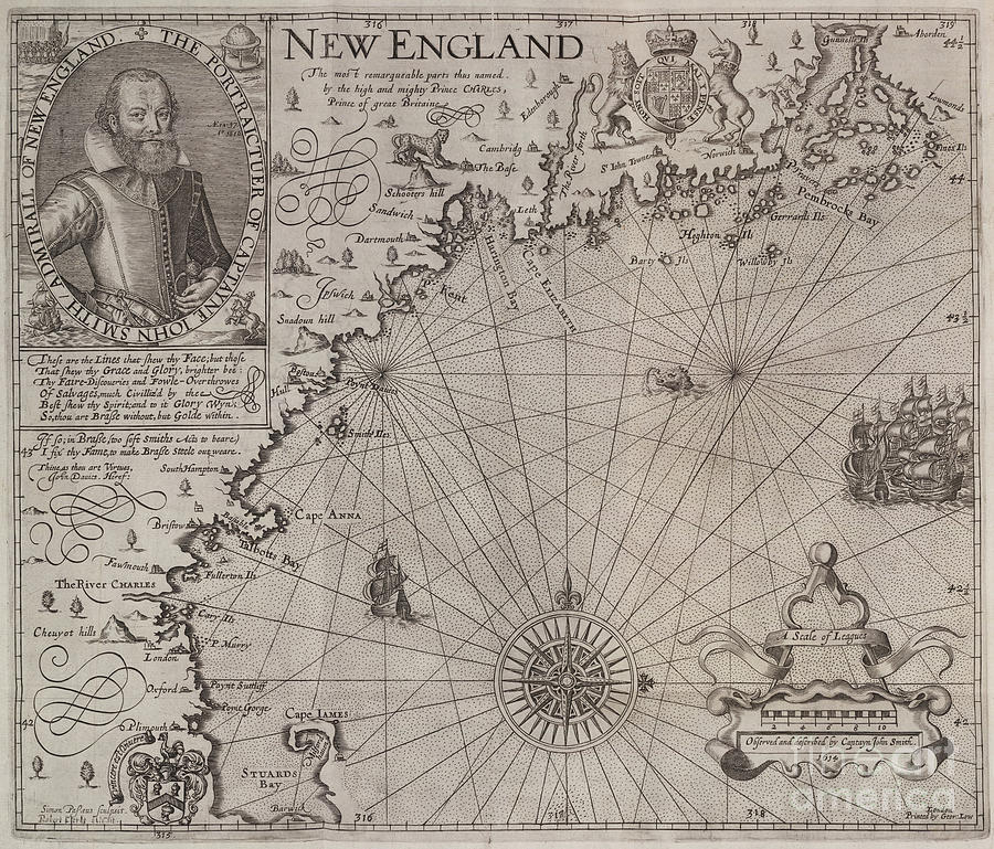 New England map and John Smith by Simon van de Pass 1624 Photograph by Rick Bures