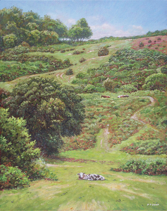 Tree Painting - New Forest Hill with cows and horses by Martin Davey