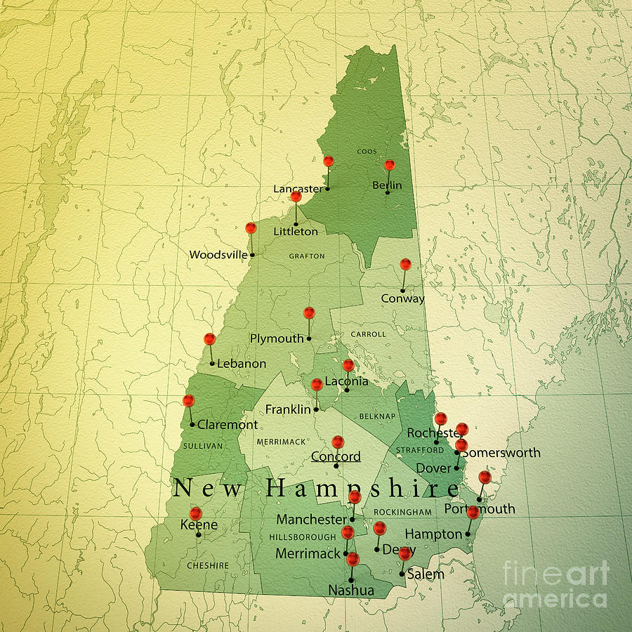 New Hampshire Map Square Cities Straight Pin Vintage Digital Art By Frank Ramspott 2669