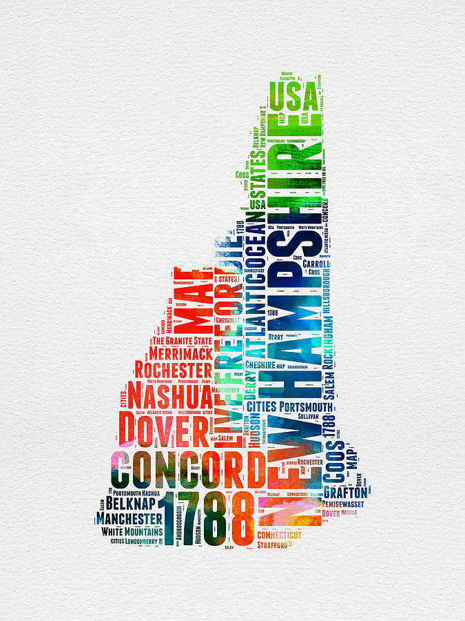 Us State Map Digital Art - New Hampshire Watercolor Word Map by Naxart Studio