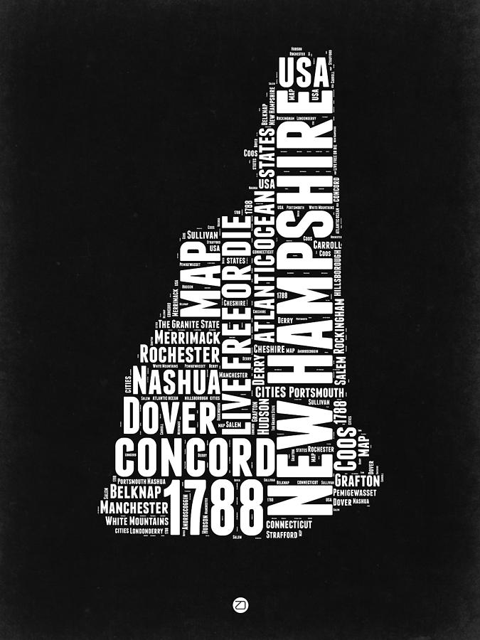 Independence Day Digital Art - New Hampshire Word Cloud Black and white Map by Naxart Studio