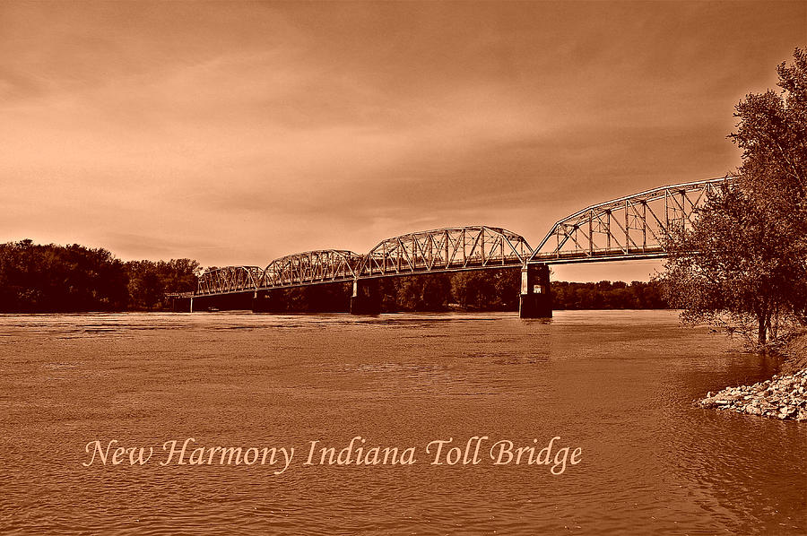 New Harmony Indiana Toll Bridge with Text Sepia Photograph by Stacie Siemsen
