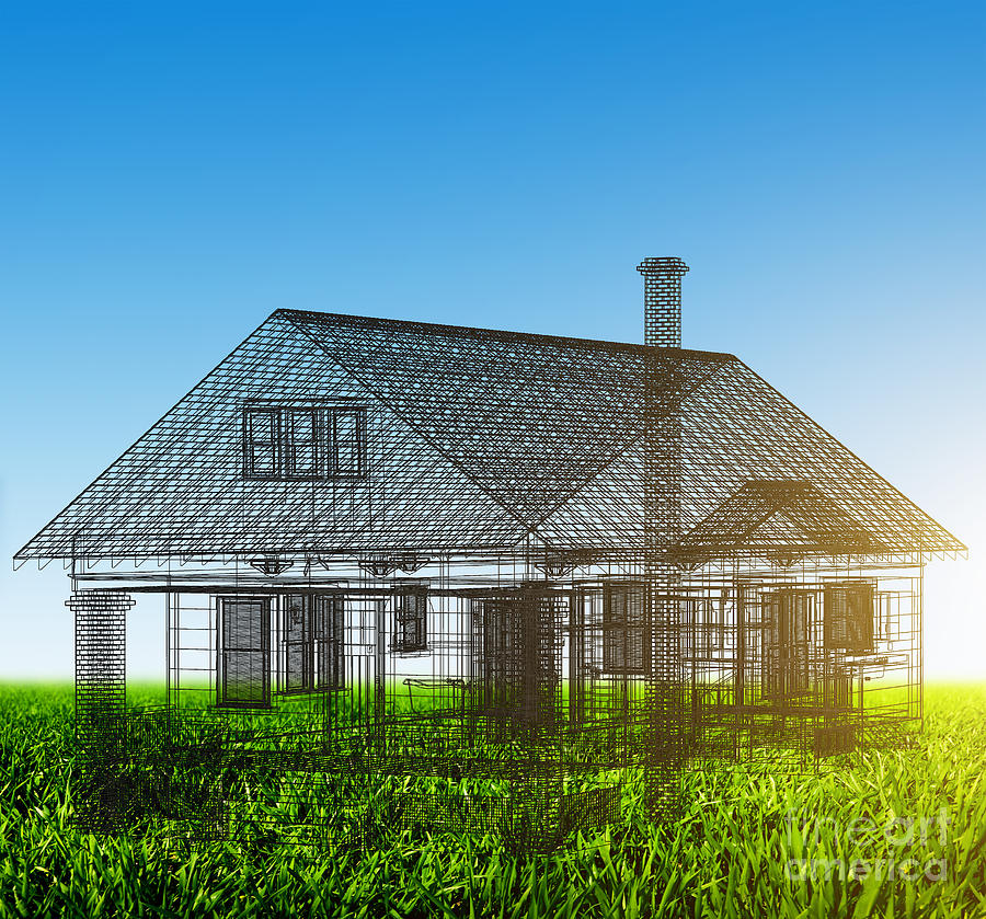 Spring Photograph - New house wireframe project on green field by Michal Bednarek
