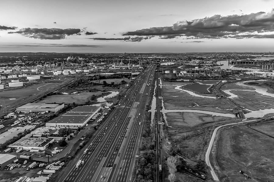 New Jersey Turnpike Aerial View BW Photograph by Susan Candelario