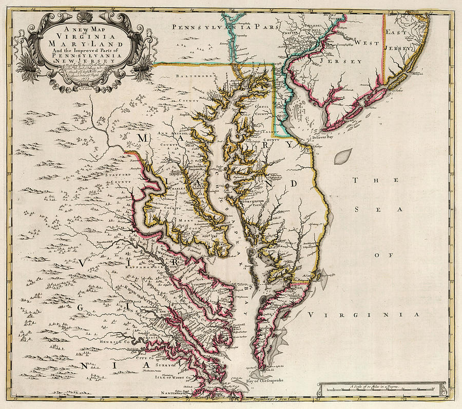 Map Painting - New Map of Virginia and the Improved Parts of Pennsylvania and New Jersey by John Senex