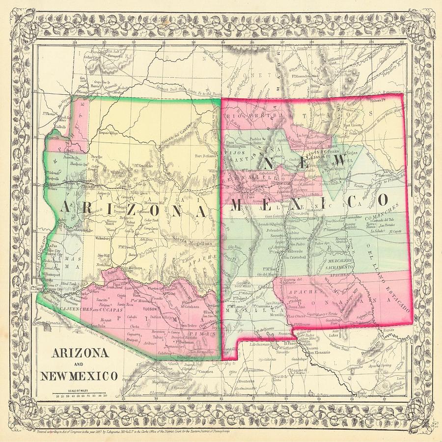 New Mexico And Arizona Map Print From 1867 Mixed Media