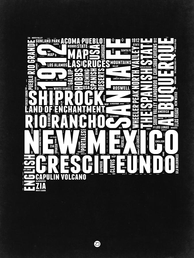 Independence Day Digital Art - New Mexico Black and White Word Cloud Map by Naxart Studio