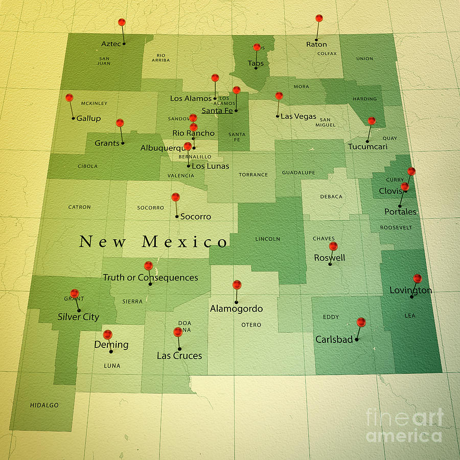 New Mexico Map Square Cities Straight Pin Vintage Digital Art by Frank Ramspott