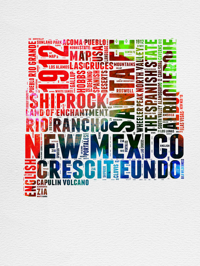 Santa Fe Digital Art - New Mexico Watercolor Word Map by Naxart Studio