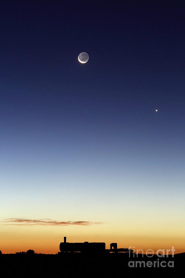 New Moon and Venus Above Uyuni Train Cemetery Photograph by James Brunker