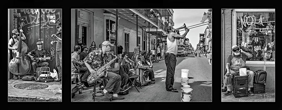 New Orleans Street Musicians Triptych bw Photograph by Steve Harrington