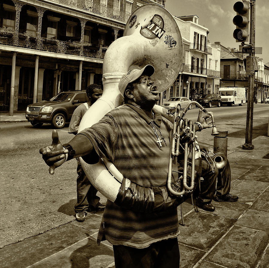 New Orleans Tuba Player in Sepia Photograph by Bill Cannon