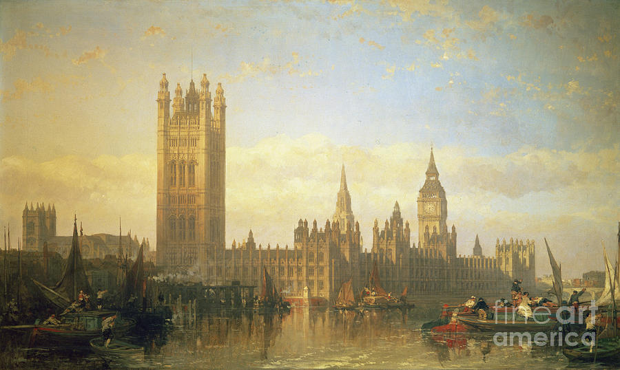 New Palace of Westminster from the River Thames Painting by David Roberts