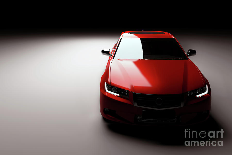 New red metallic sedan car in spotlight. Modern desing, brandless. Photograph by Michal Bednarek