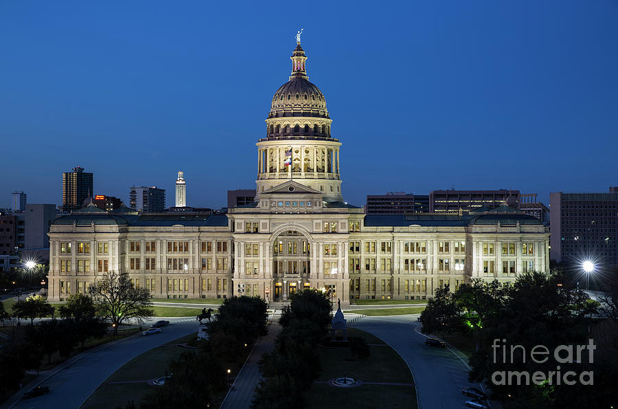 Austin Photograph - New Texas State Capitol Building and UT Tower at twilight, government home in Austin, Texas by Dan Herron