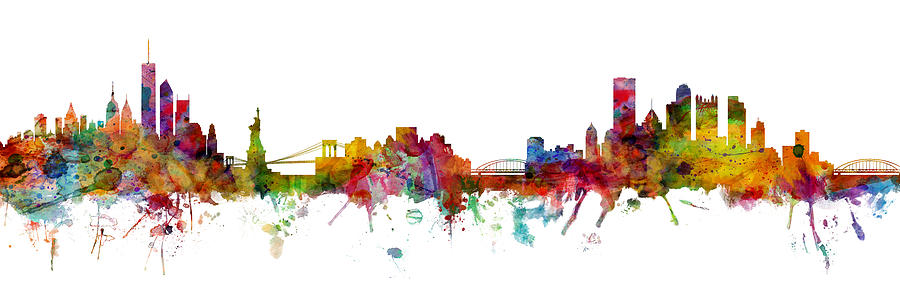 New York and Pittsburgh Skyline Mashup Digital Art by Michael Tompsett