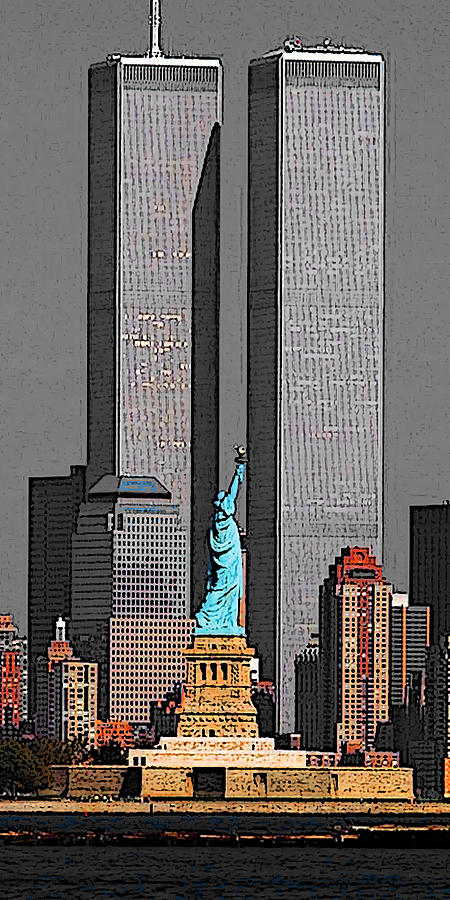 New York 911 Memory - Twin Towers and Statue of Liberty Drawing by Peter Potter