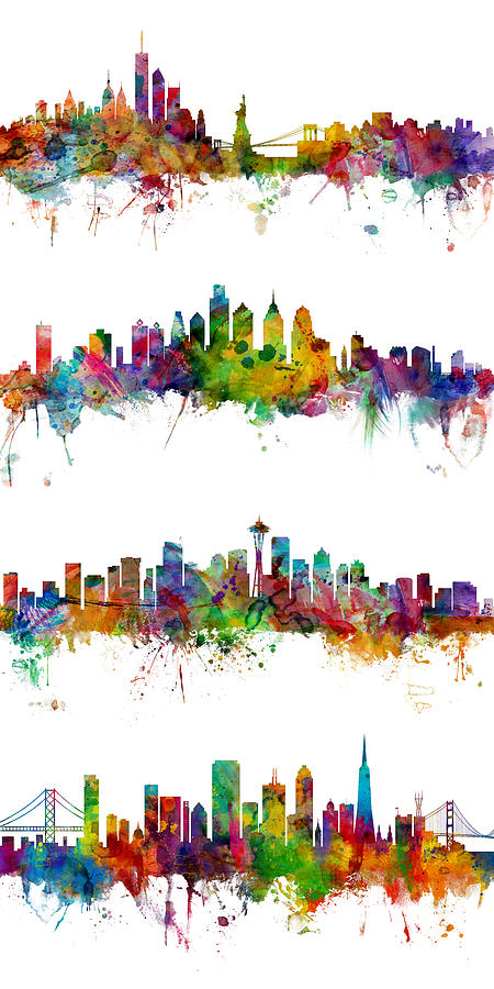 New York, Philadelphia, Seattle and San Francisco Skylines Digital Art by Michael Tompsett